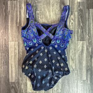 Robby Len SwimFashions Size 12 One-Piece Swimsuit Purple & Blue Paisley Vintage